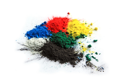 Collection of colorful powder - yellow, red, black, green, blue, white