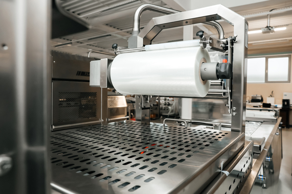 Processing of Packaging equipment thermoformer on food vacuum packaging sealing machine in industrial factory. Packing food in production line. Vacuum machine