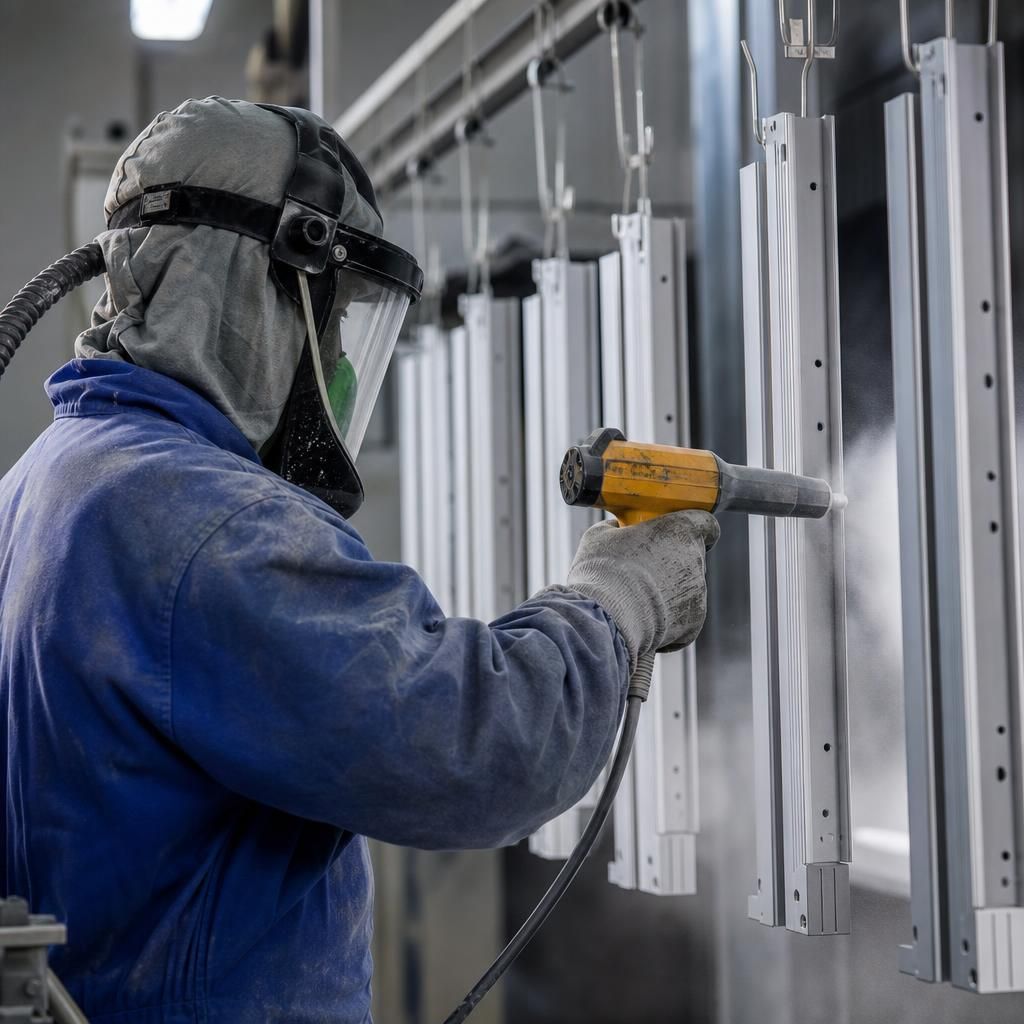 Close-up of a powder-coated surface under inspection